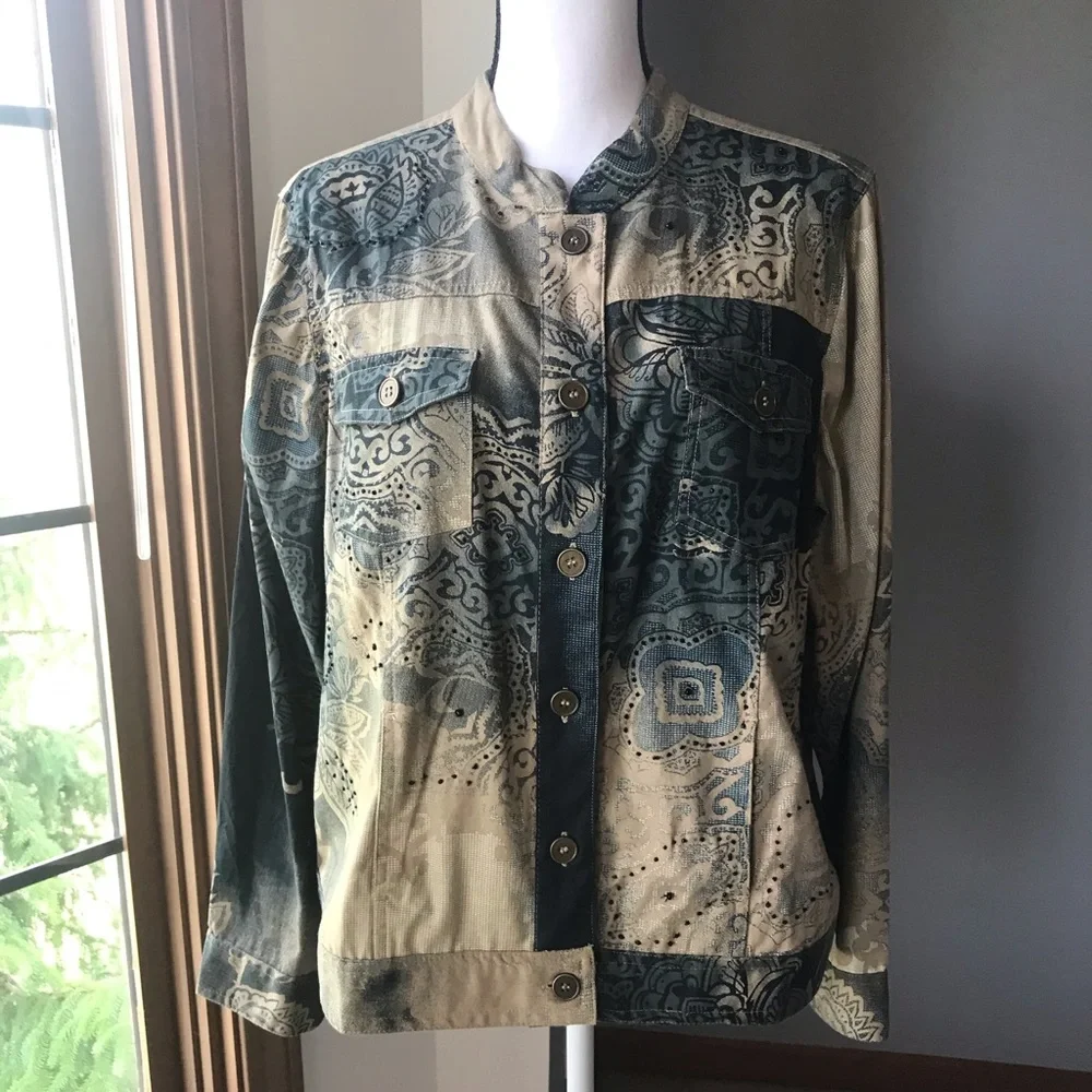 Tan/Teal Lightweight Jacket w/Beaded Details - Picture 1 of 7